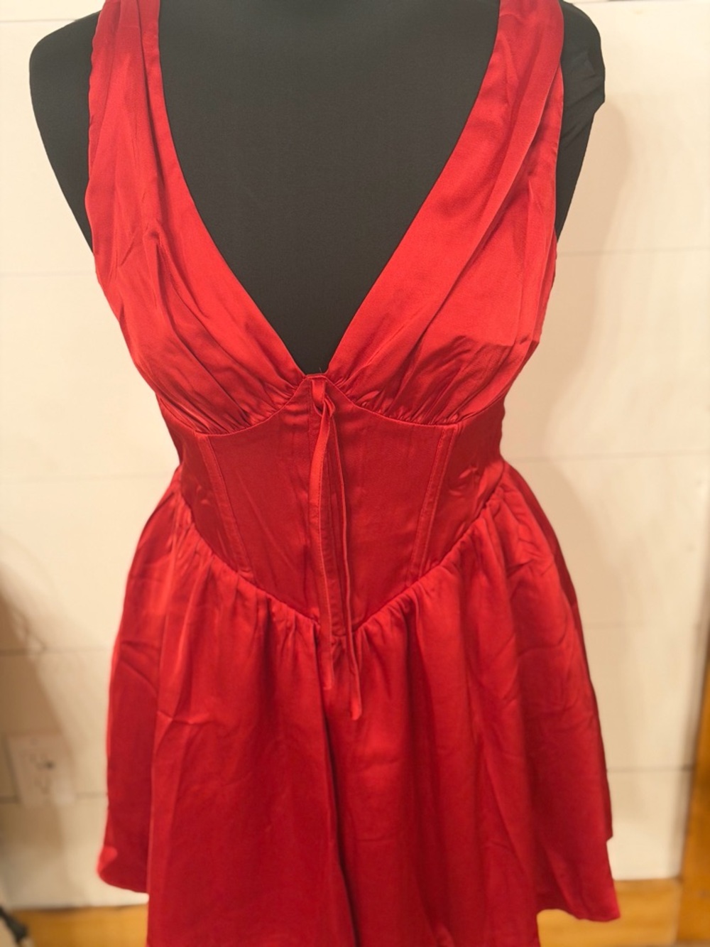 Francesca's Red Satin V-Neck Fit-and-Flare Dress